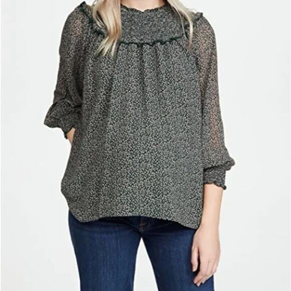 HATCH Mika Smocked Peasant Blouse Forest Ditsy Floral Black Sz 2 / Medium {UU13} - Picture 1 of 6